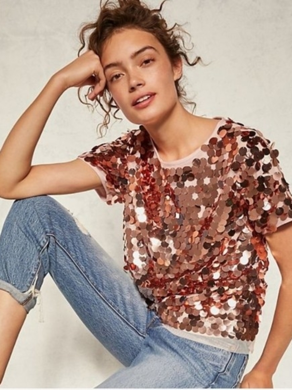 Eva Franco Anthropologie Rose Gold Sequin Short-Sleeve Tee